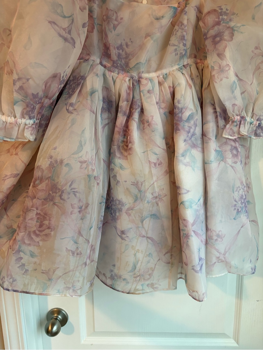 Selkie Floral Puff-Sleeve Mini Dress in Pastel Lavender and Blush - Picture 4 of 6